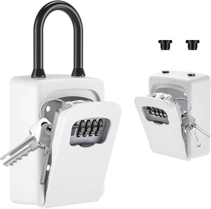 Portable Key Lock Box, Upgrade Clearly Visible Numbers, Lock Box Wall Mounted for House Key, 5 Key Capacity, Weatherproof Resettable Code (White, 1)