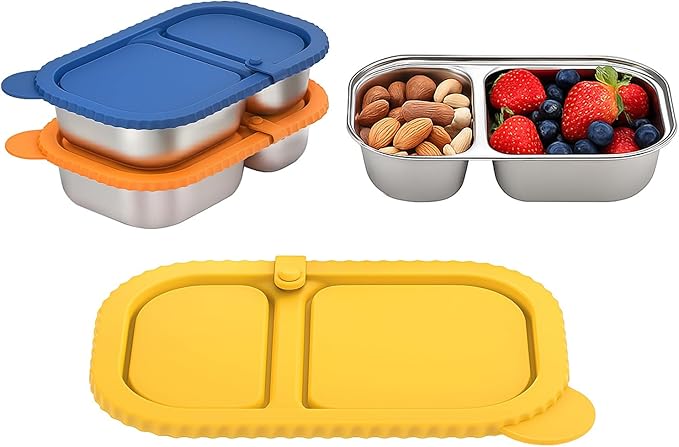 3 Pack Stainless Steel Snack Containers with Silicone Lids, 2 Compartment Food Storage for Office, Work, Travel, Meal Prep, Hiking, Picnic
