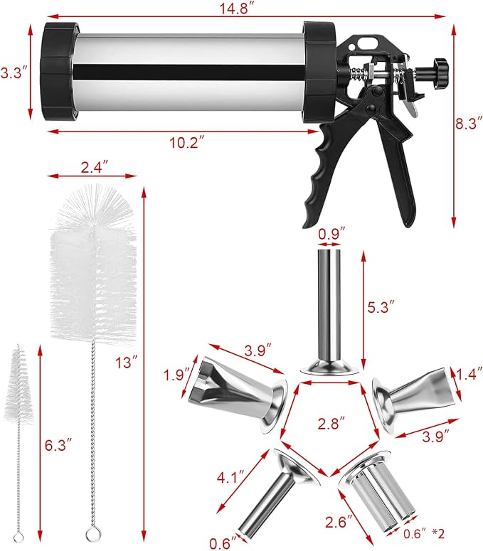 Jerky Gun for Ground Meat, 5 Stainless Nozzles, 2LBS | 2 Cleaning Brushes, Jerky Making Kit, Beef Jerky Gun Kits, Stainless Steel Sausage Stuffer Jerky Making Gun