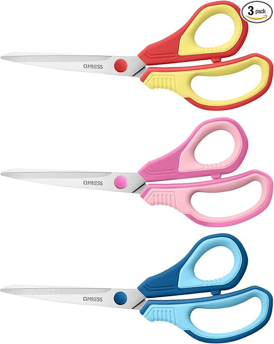 QMVESS 8.5" Scissors All Purpose 3 Pack Heavy Duty for Office School Fabric | Ultra Sharp 2.5mm Thick Stainless Blade, Ergonomic Comfort Grip, Left & Right Handed Classroom Must-Have Cutting General Use