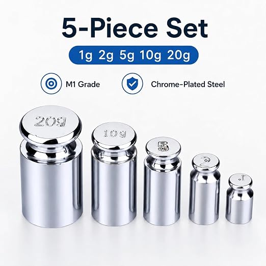 I-MART Calibration Weights Set 1g 2g 5g 10g 20g, M1 Grade Chrome-Plated Steel Small Weights for Digital Scale Calibration, Kitchen Pocket Postal and Craft Use, 5 Piece Gram Set