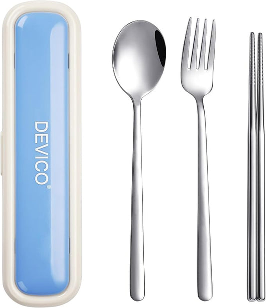 DEVICO Utensils for Lunch Box, Portabl Korean Chopsticks Fork and Spoon Set | 4Pcs 18/8 Stainless Steel Travel Silverware Set with Case, for Camping/School, for Kids/Adults, Dishwasher Safe, Beige-Blue