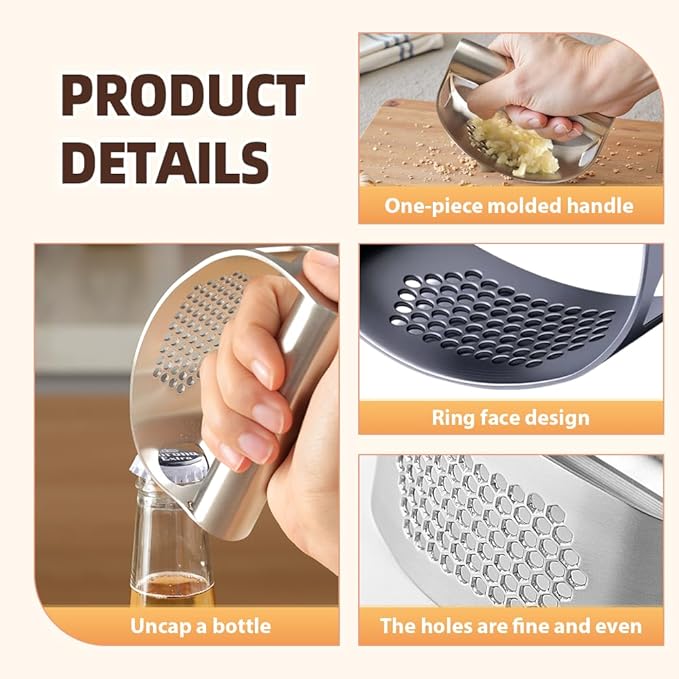 2026 New Garlic Press Rocker, Upgrade Garlic Press Stainless Steel, Portable Manual Stainless Steel Garlic Press Rocker, Innovative Garlic Crusher with Peeler and Scraper (2)