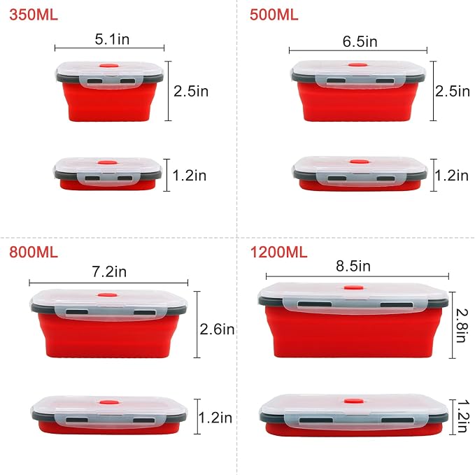Guyuyii 4 Pack Collapsible Food Storage Containers with Lids | 4 Size (12/17/27/40 oz) for RV, Camping, Meal Prep, Small Kitchens | Compatible with Microwave/Oven/Freezer/Dishwasher, Red