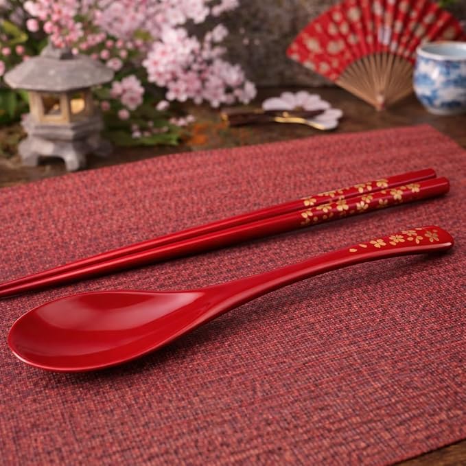 Premium Japanese Chopsticks with Spoon Reusable [ Made in Japan ] Traditional Lacquer Art Wooden Chopsticks (Gold Flower RD(YM2002))