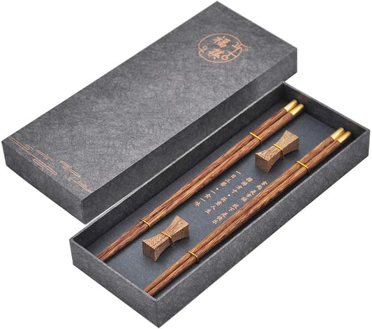 Wooden Chopsticks Reusable with Case, Chinese Chop Sticks Set with Holder 2 Pair (Wenge)