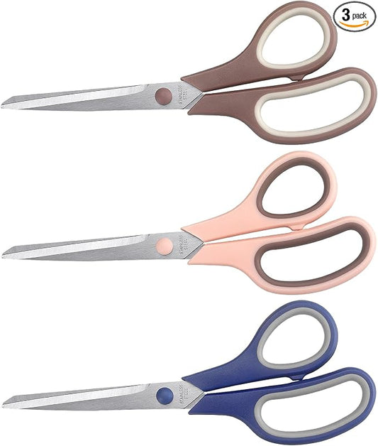 LONGKEY 8.5" Pastel Scissors 3-Pack, Ultra Sharp Stainless Steel | Scissors for Office Home School, Soft Comfort-Grip Right/Left Hand