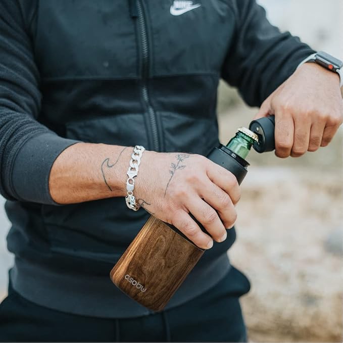 Asobu Frosty Beer Holder 2 Go Vacuum Insulated Double Walled Stainless Steel Beer Can and Bottle Cooler with Beer Opener, Bpa Free, Fits Standard 12oz Bottles, Gift for Beer Lovers (Natural Wood)
