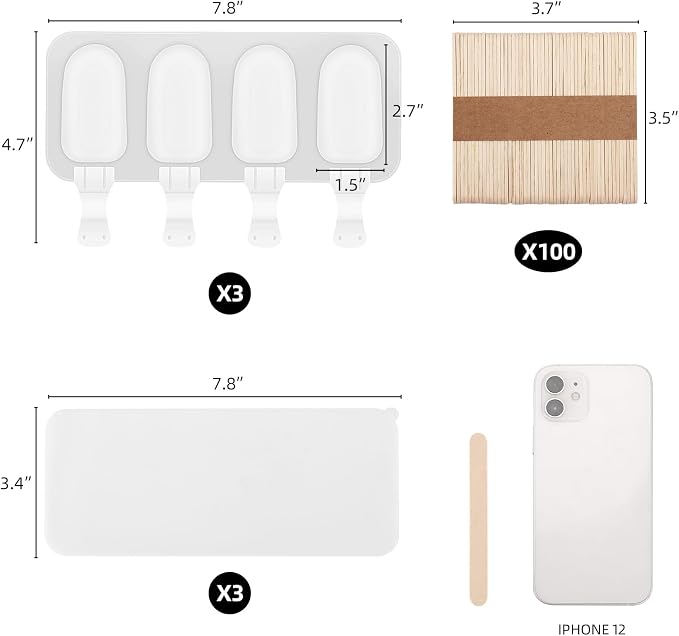 3 Set Small Popsicles Molds with Lids and 100 Pieces Wooden Popsicles Sticks, 4 Cavities Silicone Ice Cream Molds for Making Cakesicles, Cake Pops, Ice Cream - BPA Free