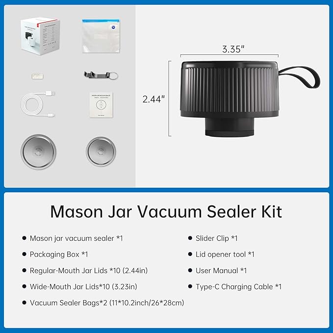 Electric Mason Jar Vacuum Sealer Kit, 3-in-1 Handheld Automatic Vacuum Sealer for Mason Jars, Canning Sealer Machine for Jars, Containers, Vacuum Bags | Present for Mom, Black