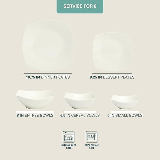 Gibson Home Brentwood 40-Piece Dinnerware Set – Square White Porcelain Plates and Bowls, Service for 8, Dishwasher & Microwave Safe, Modern Everyday Dinner Set with Cereal, Dessert, and Entrée Bowls