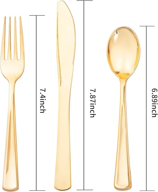 Liacere 200Pcs Gold Plastic Silverware-Gold Plastic Cutlery - Disposable Silverware include 100 Forks 50 Spoons 50 Knives Perfect for Parties&Weddings&Restaurants&Thanksgiving&Fall Decor