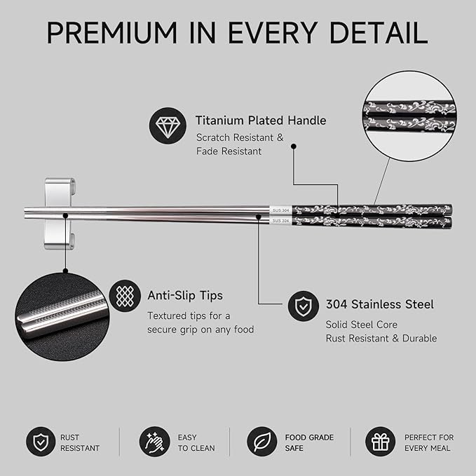 JEETEE Metal Chopsticks, 2 Pairs Stainless Steel with Holder | Titanium Coated, Anti-Slip Design, Reusable,Dishwasher Safe, for Sushi, for Ramen, for Camping, for Party
