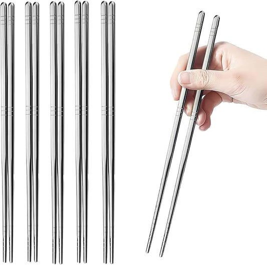 Stainless Steel Chopsticks, 5 Pairs Square Lightweight Non-Slip Korean Chopsticks, 9.5" Chop Sticks Reusable for Home Hotel Restaurant, Dishwasher Safe