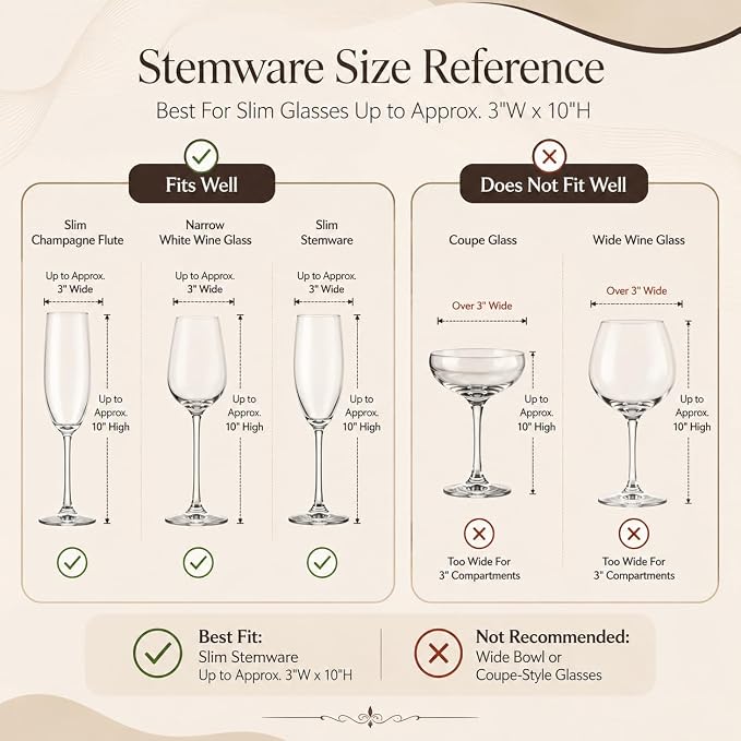 Wine Glass Storage Box with Dividers, Holds 12 Champagne Flute 3" Wide | 2 Pack, Stemware Storage Case, Protects Fine China, Durable Quilted Microfiber, Carry Handles, Ideal for Champagne Flute
