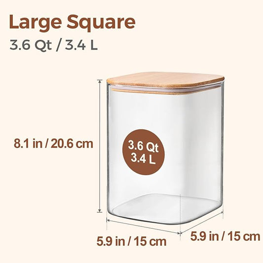 ComSaf 3.6 Qt Glass Food Storage Containers Set of 2, Large Storage Containers with Lids, Square Glass Jars with Lids, for Flour and Sugar, Cereal, Rice, Pasta, Oats, Coffee Beans