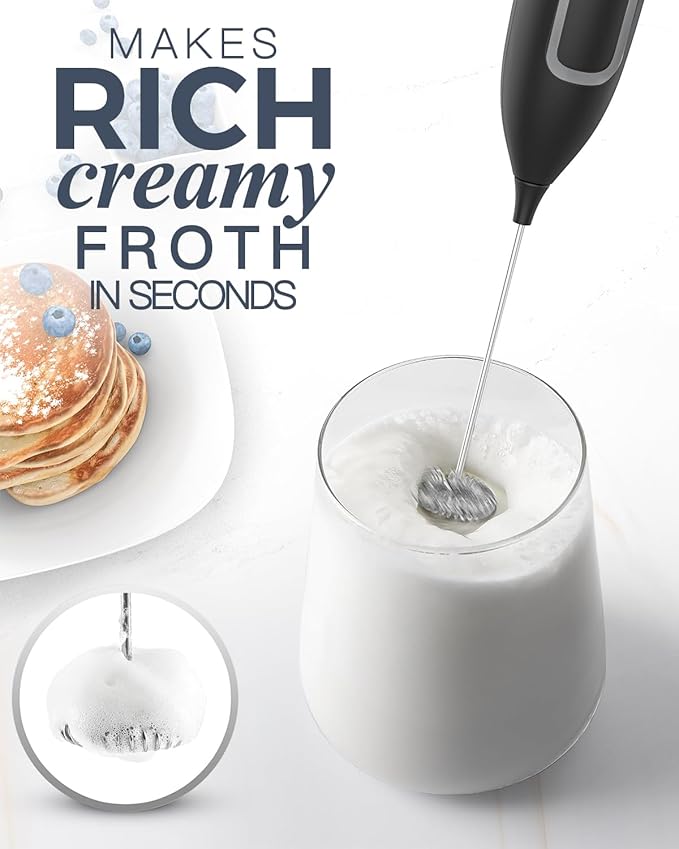 Milk Frother Handheld Battery, Electric Foam Maker Frother Wand, Drink Mixer with Stainless Steel Whisk for Coffee, Matcha, Lattes, Cappuccino Black