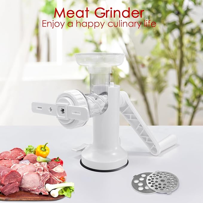 Manual Meat Grinder, Heavy Duty Meat Mincer Sausage Stuffer,Hand Grinder with Stainless Steel Blades for Meat, Sausage, Cookies, Easy to Clean(3 in 1,White)