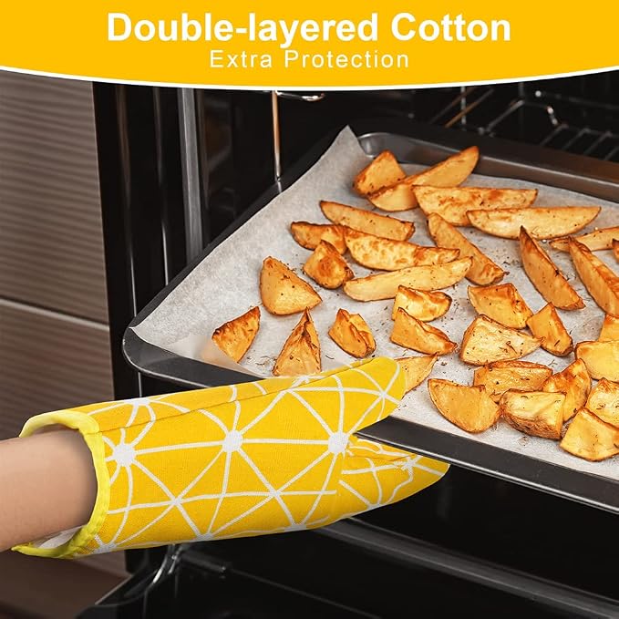 AUAUY Oven Mitts and Potholders BBQ Gloves-Oven Mitts and Pot Holders with Recycled Infill Silicone Non-Slip Cooking Gloves for Cooking Baking Grilling (6-Piece Set,Yellow)