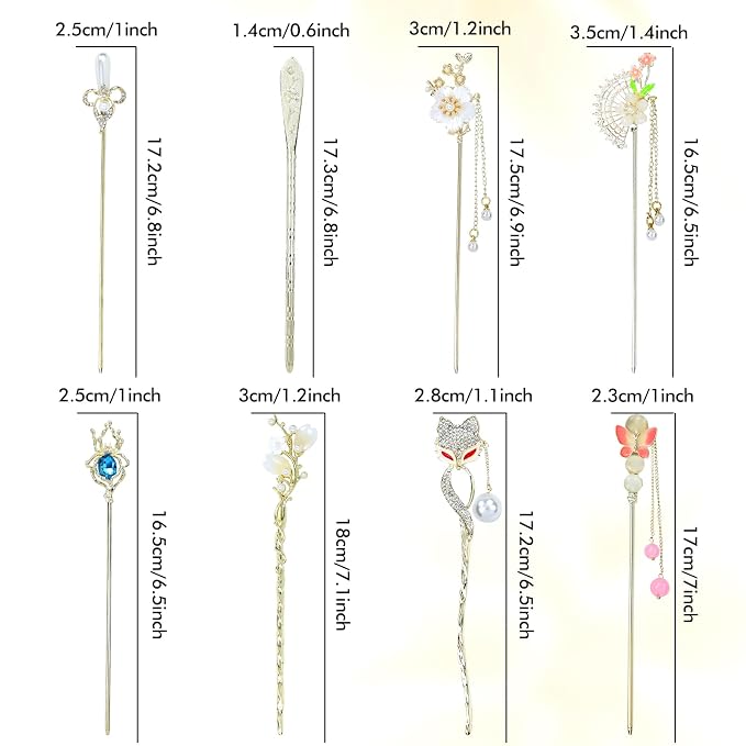 inSowni 8 Pieces Retro Vintage Asian Japanese Chinese Hanfu Rhinestone Gold Metal Flower Hair Sticks with Flower Pearl Crystal Fox Butterfly Hair Pins Forks Chopsticks Bun Updo Holders for Women Girls