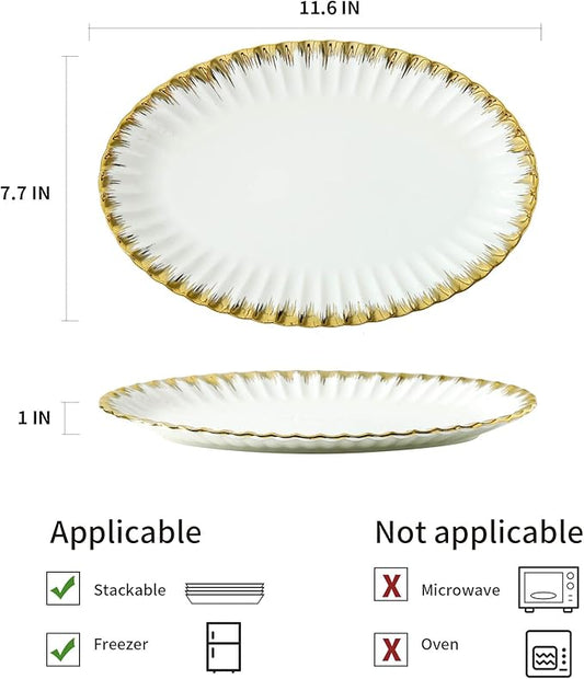 Serving Platters, Ceramic Oval Serving Platters,12 Inch Serving Dishes/Trays for Party Entertaining, Porcelain White Dinner Plates with Gold Trim for Sandwich, Appetizer, Fruit, Desserts, Set of 2