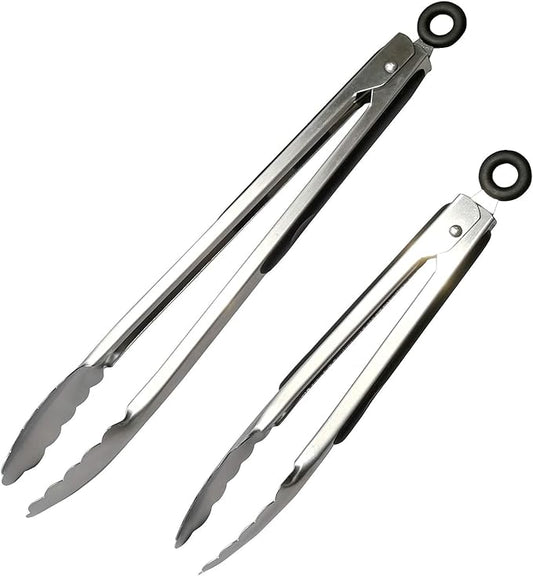 ALLTOP Metal Cooking Tongs,Stainless Steel Food Tong with No-slip Silicon and Locking Ring for Kitchen - 9 &12 inch,Set of 2-Black