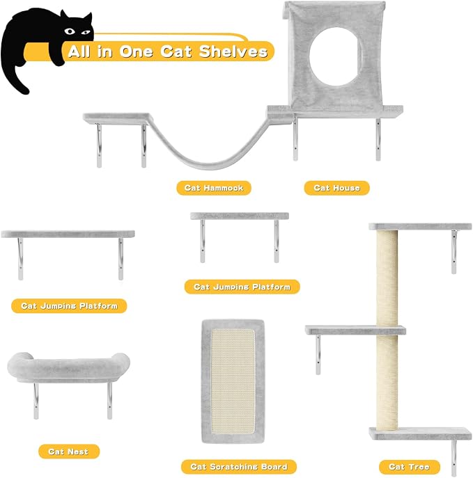 NUNU LAB Cat Wall Shelves, 6 Pcs Luxury Wall-Mounted Cat Climber Set, Indoor Cat Furniture with 1 Condos House, 2 Cat Wall Shelves, 1 Scratching, 1 Bridge Ladder, 1 Scratching Pad, Light Grey