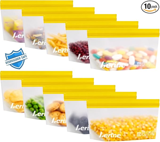 Lerine 10 Pack Stand-Up Reusable Snack Bags, Dishwasher Safe Leakproof Reusable Freezer Bags, BPA Free Food Storage Bags for Snacks, Meal Prep, Home Organization (Yellow, 10Snack)