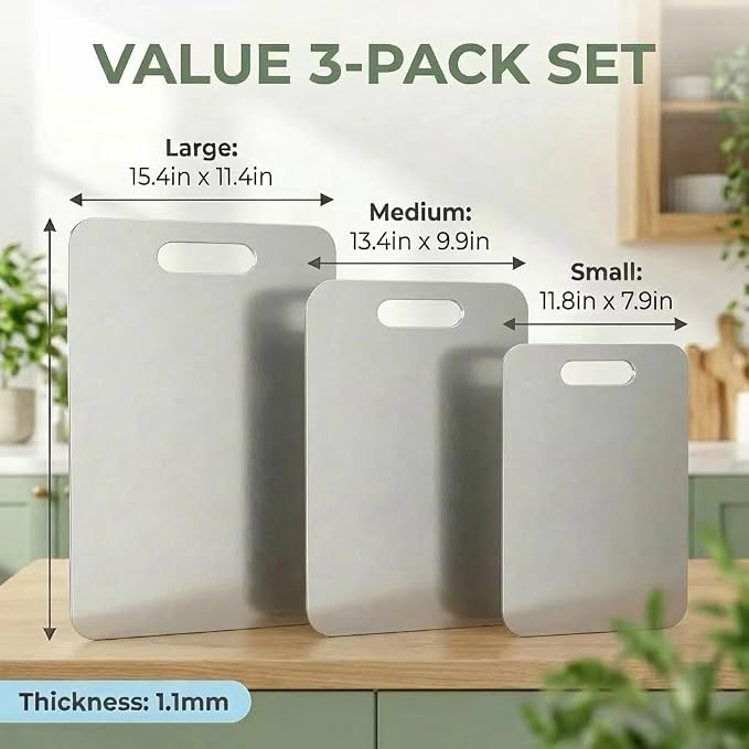 3 PCS Stainless Steel Cutting Boards for Kitchen, Non Toxic Chopping Boards for Meat, Fruits & Break, Dishwasher Safe, (15.3"x11", 13.4"x9", 11.8"x8")