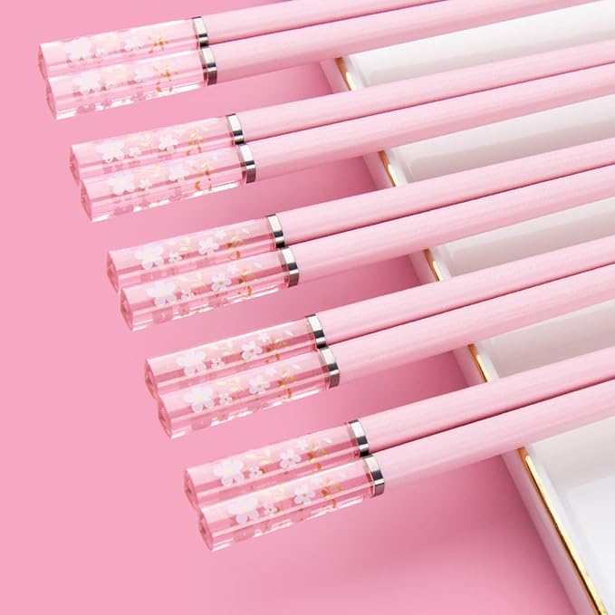 Pink Fiberglass Chopsticks, Reusable, Dishwasher Safe, Non-slip, 5 Pairs | Premium Japanese Chinese Sakura Design, Lightweight, 9.6 inches, Food-Grade, Durable, Heat-Resistant for Sushi Ramen