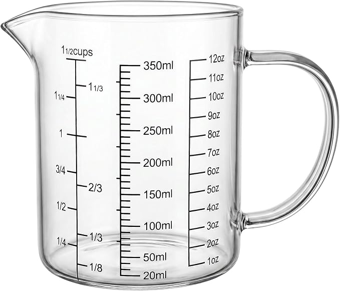 Graduated Glass Measuring Cup With Handle 350ML (12Oz, 1 1/2Cups) | High Borosilicate Liquid Measuring Cup for Baking Cooking Kitchen V-Shaped Spout Glass Measuring Beaker Easy To Read