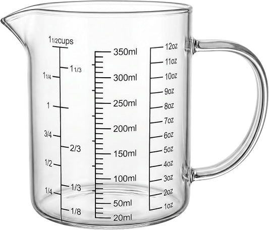 Graduated Glass Measuring Cup With Handle 350ML (12Oz, 1 1/2Cups) | High Borosilicate Liquid Measuring Cup for Baking Cooking Kitchen V-Shaped Spout Glass Measuring Beaker Easy To Read