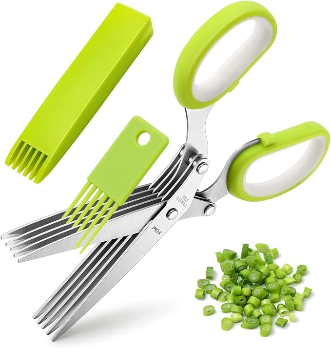 X-Chef Multipurpose 5 Blade Herb Scissors | Kitchen Herb Shears Herb Cutter with Safety Cover and Cleaning Comb for Chopping Basil Chive Parsley (Green)