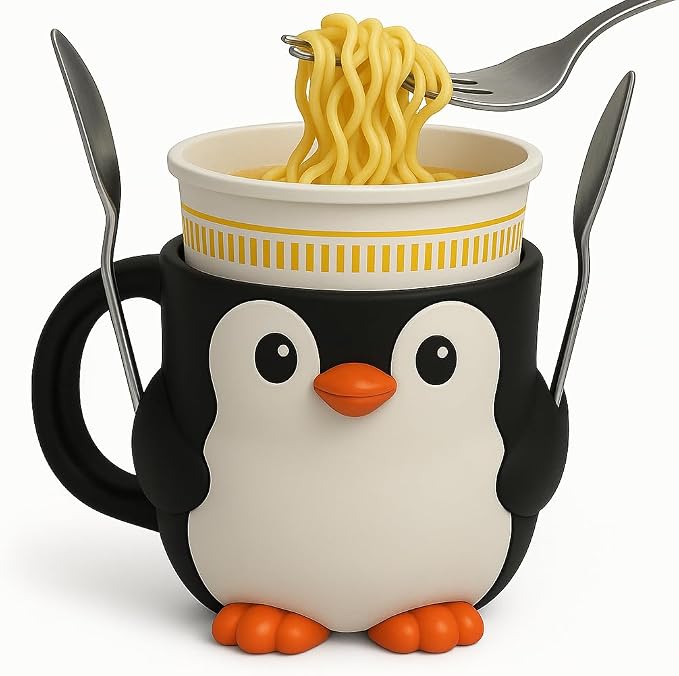 Ice Cream Pint Holder – Fits Standard Pints – Dual Spoon Sockets – Keeps Hands Warm – Fun Unique Designs with Vibrant Colors – Reusable Ice Cream Sleeve - Ramen Noodle Holder (Penguin)