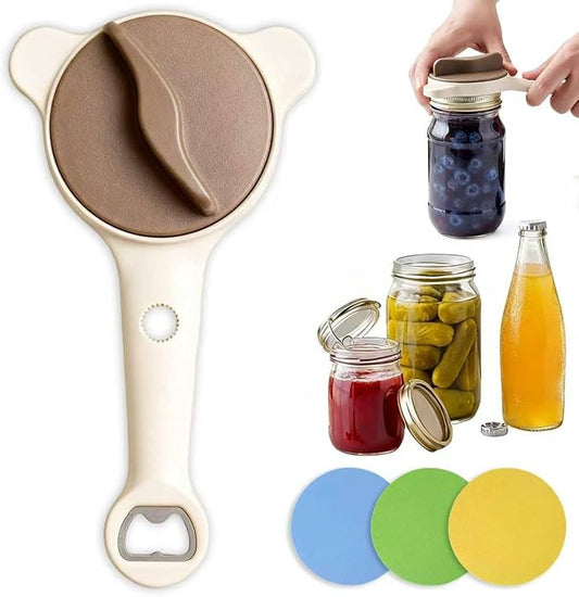 4 in 1 Multi-Purpose Jar Opener, with 3pcs Rubber Jar Openers, Adjustable Stainless Steel Lid Remover for Seniors & Arthritis Sufferers, for Weak Hands, Fits Kitchen Jars, Bottles & Cans (Beige)