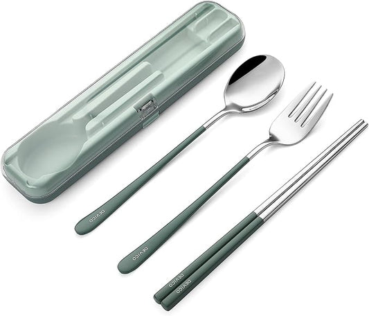 DEVICO Travel Utensils with Case, 18/8 Stainless Steel Silverware for Lunch | 4Pcs Portable Reusable Travel Cutlery Set, Korean Chopsticks Fork and Spoon Set for Camping/Picnic/Work/Gadgets/School, Green