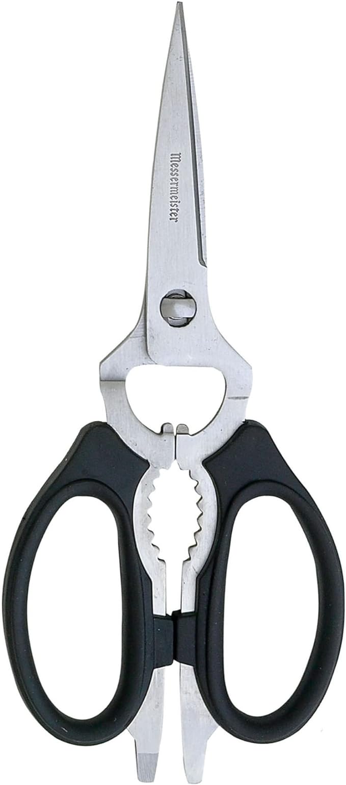 Messermeister 8-Inch Take-Apart Kitchen Scissors, Black - Includes Screwdriver, Nut Cracker, Jar Lid Opener/Gripper, Bottle Opener & Bone + Twig Cutter - Suitable for Lefties & Righties