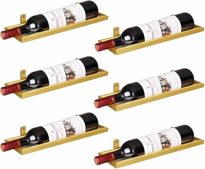 6-Shelf Metal Wall Mounted Wine Rack - Hanging Wine Bottle Holder Organizer for Kitchen, Bar, Home Storage - 6PCS Iron Wine Bottle Display Stand (6PCS-Gold)