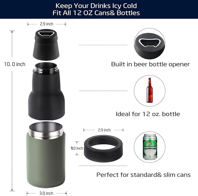 Stepstall Beer Gifts for Men - Beer Bottle & Can Cooler with Opener, 12 oz. Slim Can & Bottle Insulator, Vacuum Insulated Double Walled Stainless Steel (Green)