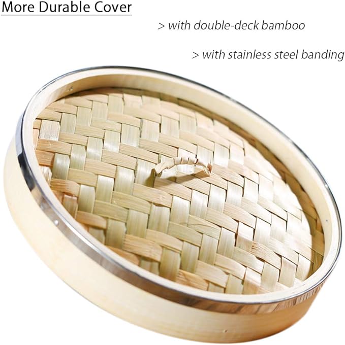 2-Tier Kitchen Bamboo Steamer with Stainless Steel Rings for Asian Cooking | Sauce Dish & 2-Chopsticks | Buns Dumplings Vegetables Fish Rice