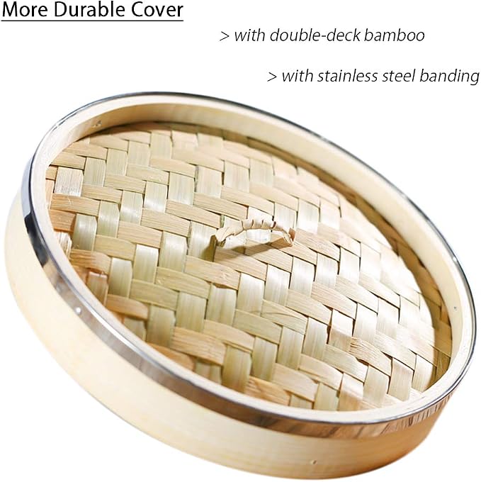 2-Tier Kitchen Bamboo Steamer with Stainless Steel Rings for Asian Cooking | Sauce Dish & 2-Chopsticks & 2 Liners | Buns Dumplings Vegetables Fish Rice
