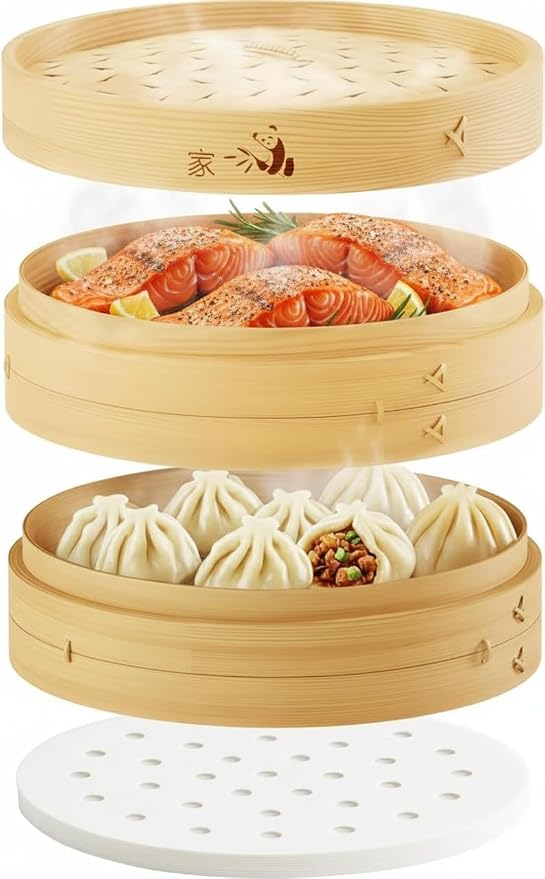 Bamboo Steamer Basket - Cook Delicious Meals with Authentic Flavor at Home | 8 Inch, 2 Tiers + 50 Liners - Compact Basket Steams Bao, Dumplings, Rice and Vegetables Together while Saving Kitchen Space
