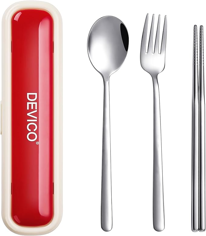DEVICO Utensils for Lunch Box, Portabl Korean Chopsticks Fork and Spoon Set | 4Pcs 18/8 Stainless Steel Travel Silverware Set with Case, for Camping/School, for Kids/Adults, Dishwasher Safe, Beige-Red