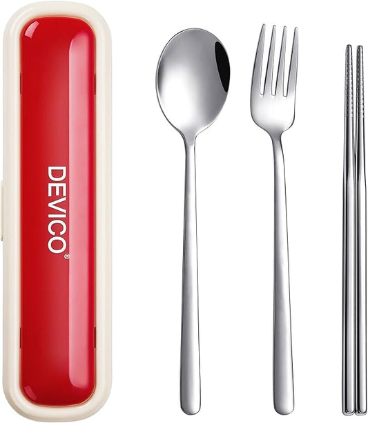 DEVICO Utensils for Lunch Box, Portabl Korean Chopsticks Fork and Spoon Set | 4Pcs 18/8 Stainless Steel Travel Silverware Set with Case, for Camping/School, for Kids/Adults, Dishwasher Safe, Beige-Red