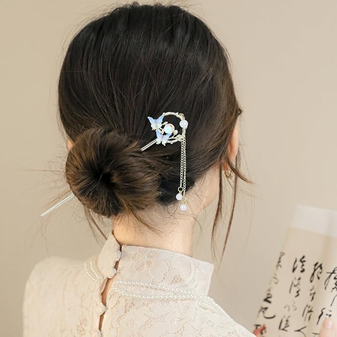 inSowni 8 Pieces Retro Asian Chinese Traditional Hanfu Butterfly Flower Metal Hair Sticks with Pearl Pendants Long Hair Pins Forks Chopsticks Bun Updo Holders for Women Girls