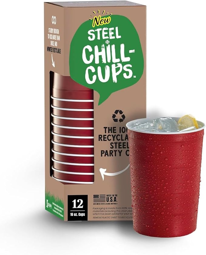 Steel Chill Cups 16 oz. Durable & Reusable Party Cups, Red, 12 Count