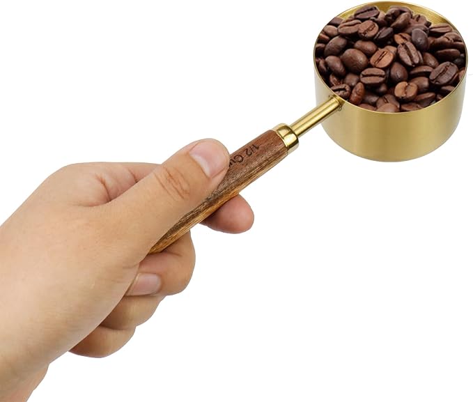 1/2 Cup Stainless Steel Measuring Cup with Wooden Handle, 125ml | Gold Measuring Scoop, 125ml Metal Measuring Spoon, For Baking, Cooking, Wet and Dry Ingredients