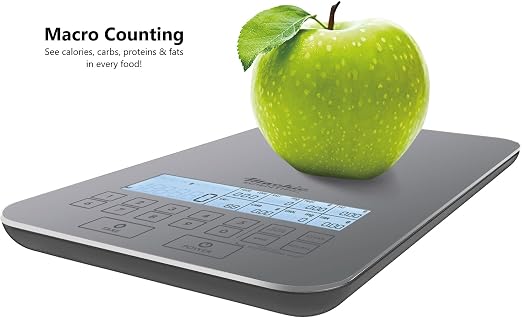 NutraTrack™ Food Scale with Nutrition Calculator, Standalone Calorie Scale for Meal Prep Weight Loss, 999 Pre-Loaded & 999 Custom Food Codes Compact Kitchen Scale Battery Operated 11lb Capacity Silver