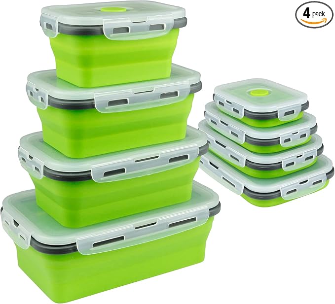 Guyuyii 4 Pack Collapsible Food Storage Containers with Lids | 4 Size Food-Grade Silicone for RV, Camping, Meal Prep, Small Kitchen | Stackable Design, Microwave/Freezer/Dishwasher Safe