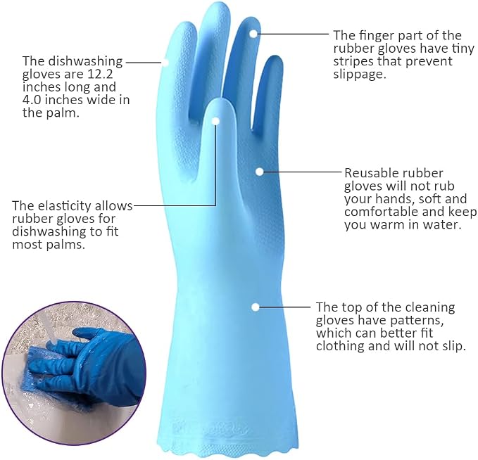 Alimat PluS 4PCS Reusable Cleaning Gloves Latex Free, Dishwashing Gloves with Cotton Flock Liner and Embossed Palm, Waterproof Household Rubber Gloves for Laundry, Gardening(Medium, Blue+Purple)